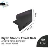 Şeffaf Etiket A8 Karatahta Etiket Seti Ayaklı Standlı Siyah Etiket Takımı Vitrin Kafe Pasta Kahve Eczane Raf Etiketi Vitrin Etiketi Şık Dekoratif Siyah Etiket Seti - 50 Adet - Oval Köşe