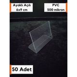 Şeffaf Etiket Pvc Etiketlik Isimlik Ayaklı Arkaya Yatık Plastik Etiketlik Cep Stand Ürün Etiket Koruyucu Cep Ayaklı Stand Plastik Kart Koruyucu - 50 Adet - 6x9 cm