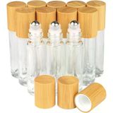 Şeffaf Yeniden Doldurulabilir Cam Boş Rulo Şişe, 10 Ml Bambu Uçucu Yağlar İçin Şişe Üzerinde Rulo Parfüm Numune Şişeleri Paslanmaz Çelik Rulo Top Bambu Kapaklı,12 Adet