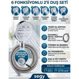 Segy Home 2'li Set 6 Fonksiyonlu Lüks Masajlı Filtreli Duş Başlığı +Paslanmaz Sprial Hortumlu Duş Seti - Parlak Gri - Beyaz