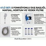 Segy Home 4'lü Set Siyah 5 Kademeli Filtreli Masajlı Duş Başlığı +3 Adet Yedek Filitre+ 150 cm Duş Hortumu + Yapışkanlı Askı Aparatı - Beyaz