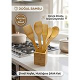 Segy Home 5 Parça Doğal Bambu Kaşık Seti Yemek Karıştırıcı Tencere Çizmez Tahta Kaşık Seti -Stand Hediyeli