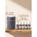 Segy Home Ultrasonik Oda ve Araç Hava Nemlendirici Buhar Makinesi ve Aroma Difüzörü Koku - 5 Adet Koku Hediyeli - Gri
