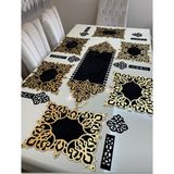 Sehara Amerikan Servis masa Runnerı supla kadife 6 Kişilik 19 Parça Yemek Sunum Takımı - Siyah - Altın - 100 x 30 cm