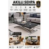 Sehpam Akıllı Home Üst Tabla Mdf Siyah Mermer Oval Köşe Alt Ayak Krom