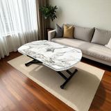 Sehpam Akıllı Oval Yan Baştan Açılır Akıllı Masa Üst Mdf Beyaz Mermer Alt Ayak Siyah Renk