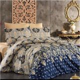 Sehra Lüks Dayanıklı Yumuşak Doğal Pamuklu Tek Kişilik Nevresim Takımı + Lastikli Çarşaf + Yastık Kılıfı - Lacivert - Bej - 160 x 200 cm