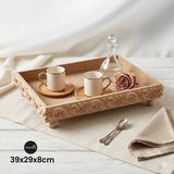 Sekay Ahşap Ham Ahşap Boyanabilir Kabartmalı Desenli Ayaklı Büyük Boy Dikdörtgen Sunumluk Tepsi - 39 x 29 x 8 cm