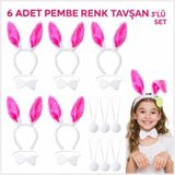 Şeker Pembesi Tavşan Kostüm Seti, Taç, Papyon ve Kuyruk Dahil, 6'lı Set, Çocuklar için