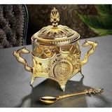 Şekerlik Kaşıklı Cam Şekerlik Kapaklı Küp Şekerlik (Kaşık Dahil) - Gold