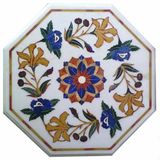 Sekizgen Beyaz Mermer Sehpa Üstü | Pietra Dura Art Kakma Oturma Odası Köşe Masa Üstü | 30 x 30 cm Mermer Balkon Yan Sehpa Üstü Kraliyet Görünümlü | Düğün Hediyesi
