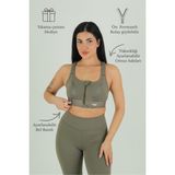 Selecius Premium Cropè A+ Kumaş, Fermuarlı, Omuz ve Sırt Ayarlı, Toparlayıcı ve Destekleyici Spor Sütyeni + Yıkama Çantası - L - XL - Haki