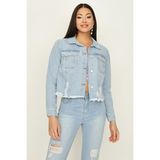 Select Moda Kadın Açık Mavi Düğmeli Etek Ucu Püsküllü Crop Denim Ceket - 42