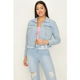 Select Moda Kadın Açık Mavi Düğmeli Etek Ucu Püsküllü Crop Denim Ceket