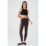 Select Moda Kadın Bordo Deri Görünümlü Yüksek Bel Skinny Pantolon