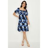 Select Moda Kadın Çiçekli Kare Yaka Elbise - 40 - Mavi