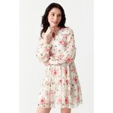 Select Moda Kadın Fırfırlı Çiçek Desenli Şifon Elbise - Beyaz - 44