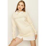 Select Moda Kadın Gömlek Yaka Yazı Detaylı Sweat Elbise - XL - Krem