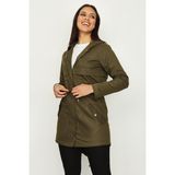 Select Moda Kadın Kapüşonlu Haki Uzun Parka %100 Polyester Uzun Kol Cepli Düz Desenli