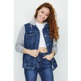 Select Moda Kadın Mavi Kapüşonlu Kolları Penye Oversize Denim Ceket