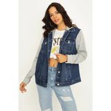 Select Moda Kadın Oversize Denim Ceket Mavi Kapüşonlu Penye Kolları ile Şık ve Rahat - 36