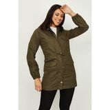 Select Moda Kadın Parka Kapüşonlu Kürk Detaylı Uzun Kollu Midi Kaban %98 Pamuk - Haki - 38