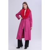 Select Moda Kadın Peluş Yaka Deri Görünümlü Uzun Kaban - 38 - Pembe