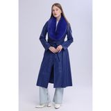 Select Moda Kadın Peluş Yaka Deri Görünümlü Uzun Kaban - 46 - Lacivert