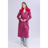 Select Moda Kadın Peluş Yaka Deri Görünümlü Uzun Kaban - 46 - Pembe