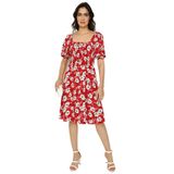 SelectModa Kadın Çiçekli Kare Yaka Balon Kollu Elbise Kırmızı 44