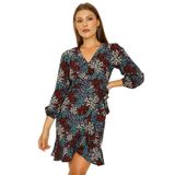 SelectModa Kadın Desenli V Yaka Eteği Volanlı Mini Elbise Mavi 40