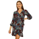 SelectModa Kadın Desenli V Yaka Eteği Volanlı Mini Elbise Mavi 46