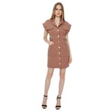 SelectModa Kadın Dokuma Düğme Detaylı Gömlek Elbise Camel 34