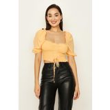 SelectModa Kadın Gipeli Balon Kollu Crop Bluz Kahverengi 38