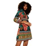 SelectModa Kadın Renkli V Yaka Balon Kollu Elbise Renkli 38