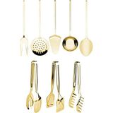 Selenica Yüksek Kalite Gold 8 Parça Servis Sunum Seti. Makarna, Pasta, Salata Altın Maşa Seti ve Kepçe Takımı