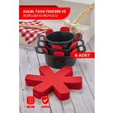 Self Power KIRMIZI KALIN TAVA,TENCERE VE BORCAM KORUYUCU 6 lı SET ELYAF KEÇE