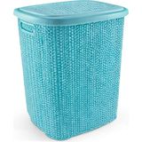 Selfbuysell Kirli Çamaşır Sepeti Kapaklı 65 Lt Örgü Desenli Plastik Çamaşır Sepeti Banyo Sepeti - Turkuaz