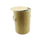 Selfbuysell Yuvarlak Bambu Ahşap Kirli Çamaşır Sepeti 35X60CM Seyyar Kapaklı Içi Bezli Ip Kulplu (5324) - 35 x 60 cm