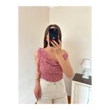 Selin Damla Kadın Pembe Asimetrik Yaka Esnek Dantel Bluz