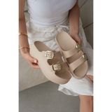 selin shoes Calivra Kalın Topuk Ayarlanabilir Çift Gold Toka Detaylı Kadın Terlik- EKRU
