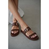 selin shoes Carmia Ayarlanabilir Gold Toka ve Cırt Bant Detaylı Kadın Terlik- KAHVERENGİ