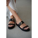 selin shoes Carmia Ayarlanabilir Gold Toka ve Cırt Bant Detaylı Kadın Terlik- SİYAH