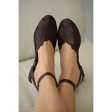 selin shoes Odette Düz Taban Dantel Detay Bilek Kemer Toka Kadın Babet- KAHVERENGİ