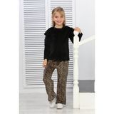 Sellfie Kids Leopar Desenli Volanlı Bluzlu Kız Çocuk Kadife Takım 17036 - Siyah - 3 - 4 Yaş