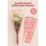 Sellor 10'lu Kurdele Desenli Şeffaf Çiçek Ambalajı 25x50 cm Buket Paketleme Poşeti Pembe Baskılı