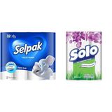 Selpak Tuvalet Kağıdı, 3 Katlı, 32'li, 1 Paket (1 x 32 Adet)+Solo Kağıt Havlu 12'li (12 Rulo)