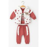 Selvira %100 Pamuklu 3’lü Bebek Takım | Nakışlı Sweat, Pantolon ve Kapüşonlu Yelek - 9 Ay - Pembe - Beyaz