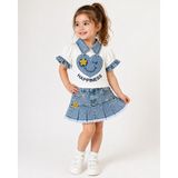 Selvira Kız Çocuk Bayramlık Denim Etekli Takım – Çıkarılabilir Yakalı, Fırfır Kollu, 3D Kalp Detaylı Şık Kombin - 5 Yaş - Beyaz - Mavi