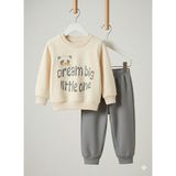 Selvira Panda Baskılı Unisex 3 Iplik Şardonlu Çocuk Eşofman Takımı – Uzun Kollu Sweatshirt & Lastikli Alt, Pamuklu - 1 Yaş - Gri - Krem